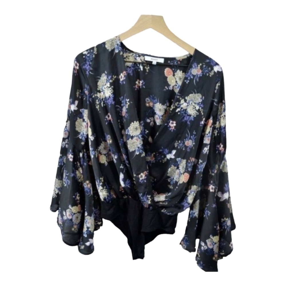 Ro & De Floral Oriental Print Bell Sleeve Bodysuit